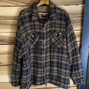 Dickies Men’s Plaid Sherpa-Lined Shirt Jacket - Black & Orange XXL snap up